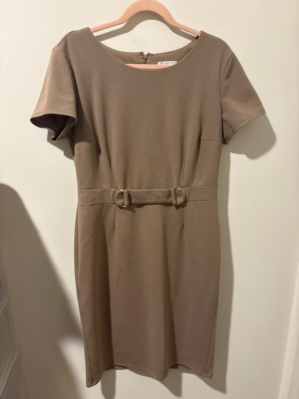New York & Company Taupe Short-Sleeve Sheath Dress with Waist Buckle